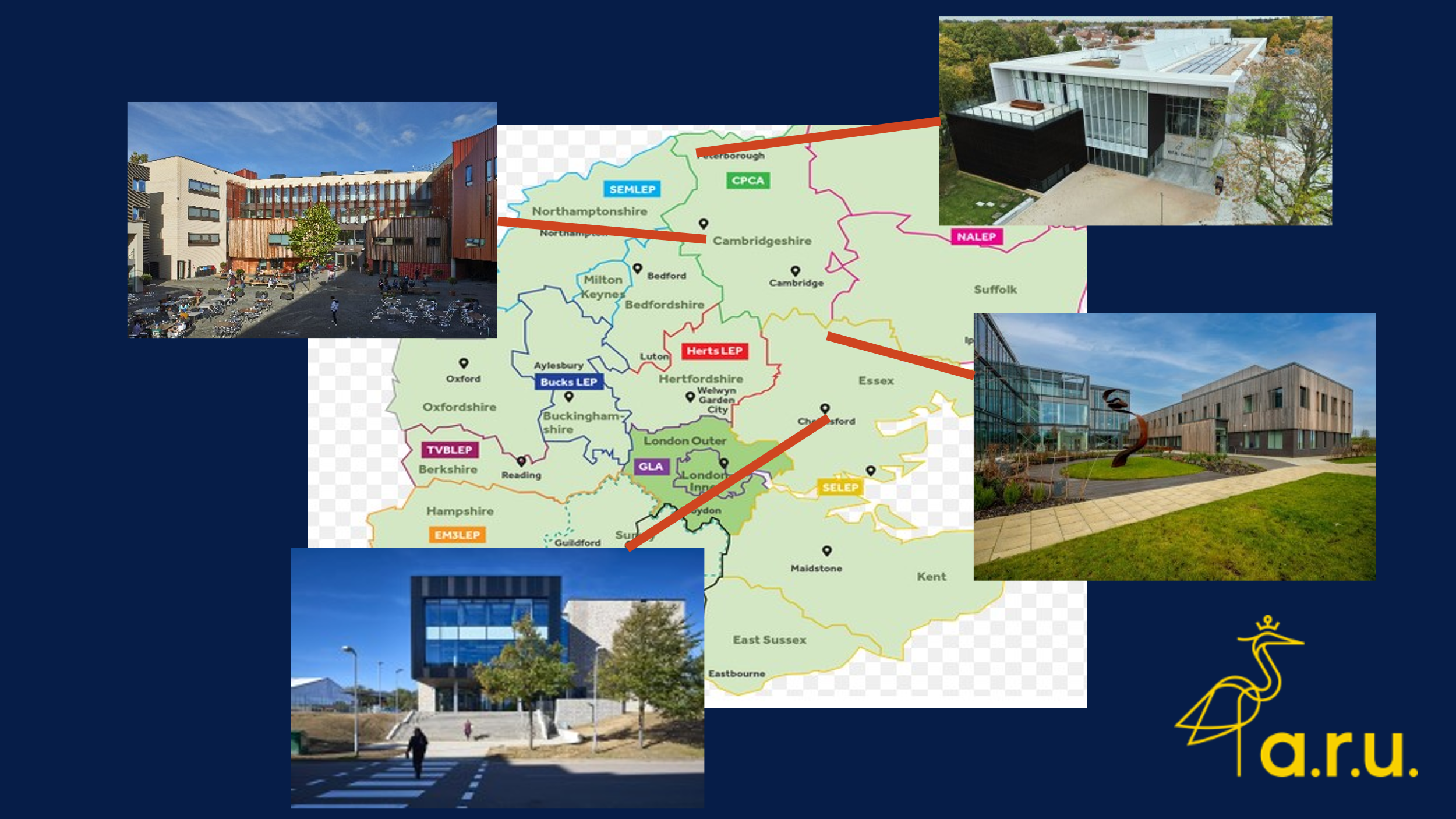 Map of the Greater South East showing where 3 main ARU campuses are located in Chelmsford, Cambridge and Peterborough, and the Arise Innovation Centre in Harlow.