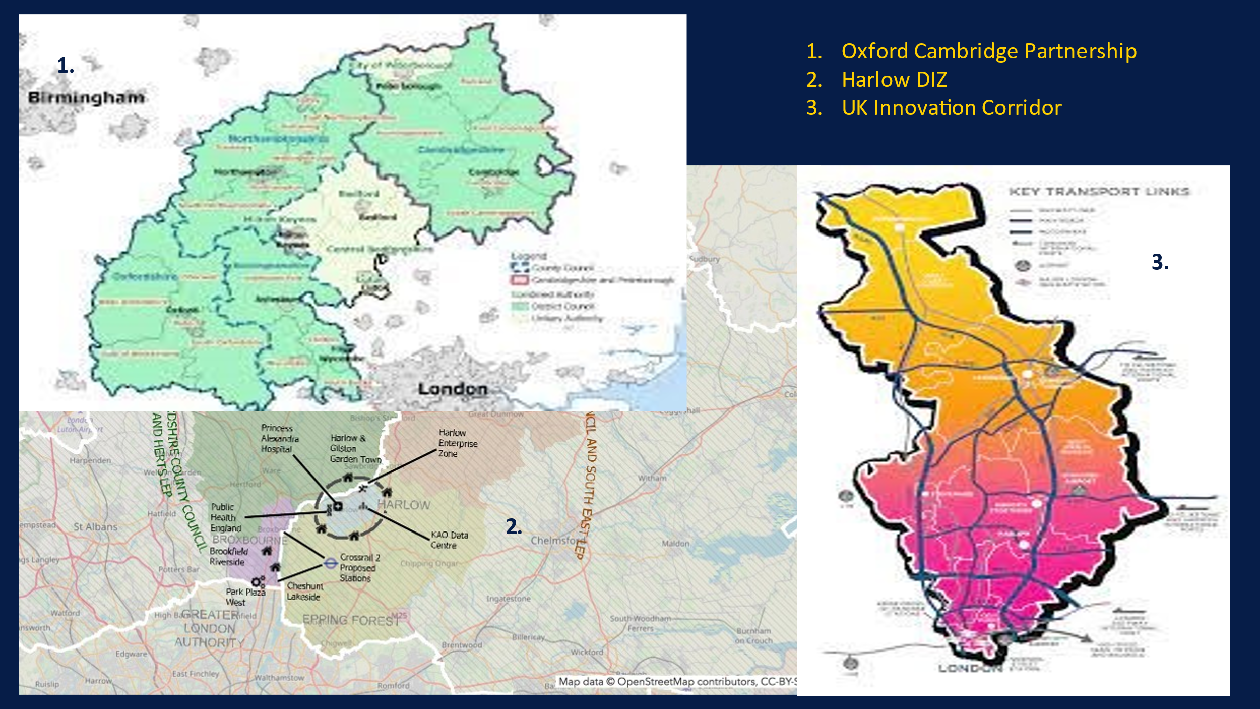 Maps of 3 economic geographies - Oxford to Cambridge Partnership, the Harlow Digital Innovation Zone, UK Innovation Corridor
