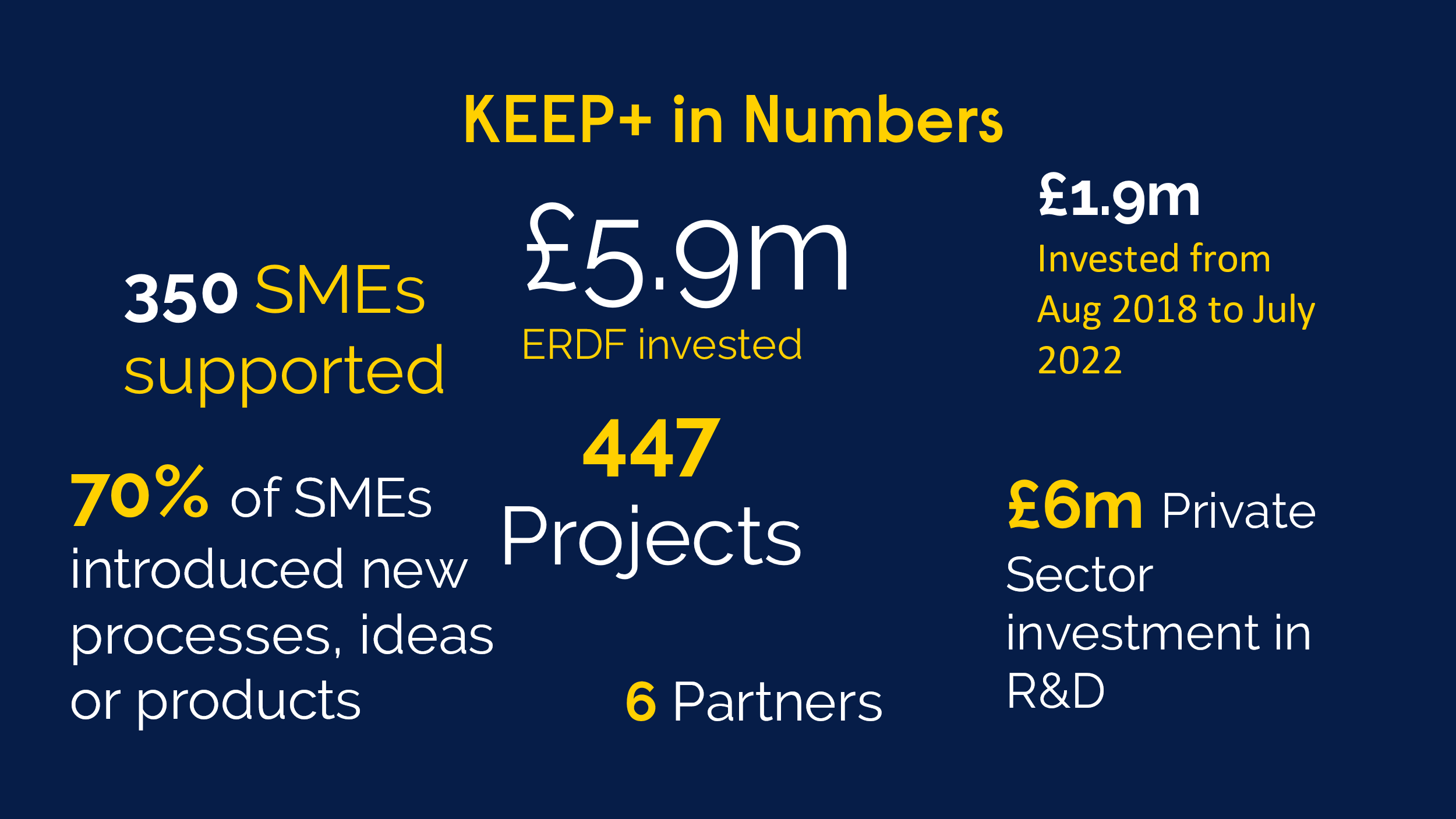 Graphic representation of the impact of KEEP Plus in numbers including number of SMEs supported, amount of funding investment, number of partners and % SMEs that introduced new ideas, products or processees