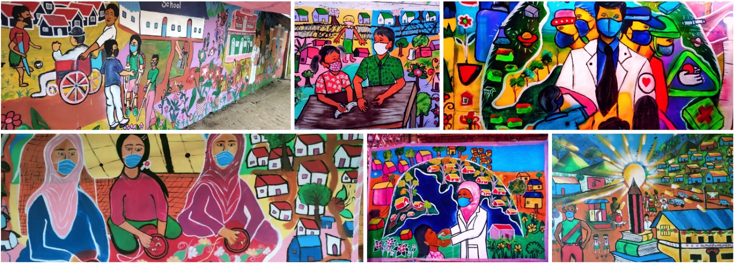 Photographs of the art created by Ayala Begum, a painter who fled to Bangladesh in 2017 and now live in Balukhali Refugee Camp. The art includes pictures drawn of doctors and people making food.