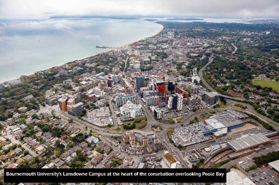 Picture of Bournemouth University's Lansdowne Campus at the heart of the conurbation overlooking Poole Bay
