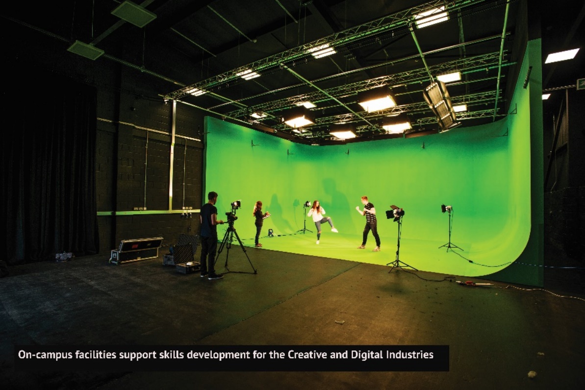 A green screen with a shoot in progress