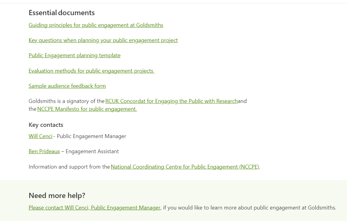 Screenshot of Public Engagement resources available on Goldsmiths intranet. Includes essential documents and key contacts.
