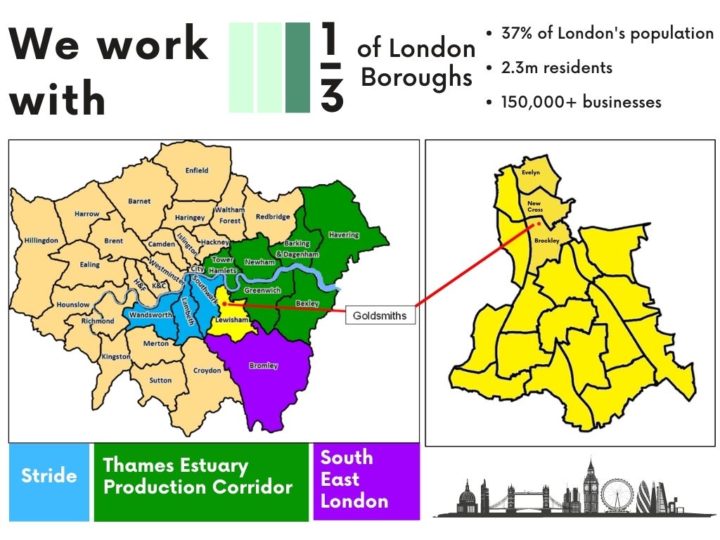 Infographic showing the areas of London that Goldsmiths works with along with a map of London and a map of Lewisham which shows where Goldsmiths is located.