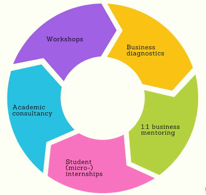 Circular Flow diagram showing the model for delivering business support. It shows workshops, business diagnostics, 1:1 business mentoring, student internships, and academic consultancy.