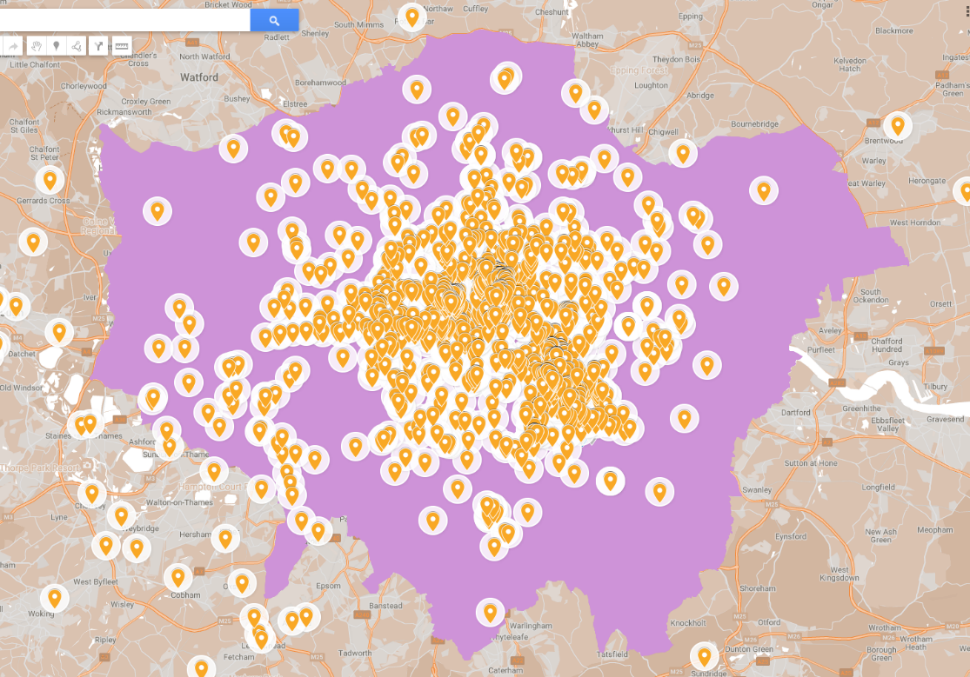 Map showing the locations of businesses in London that Goldsmiths works with.