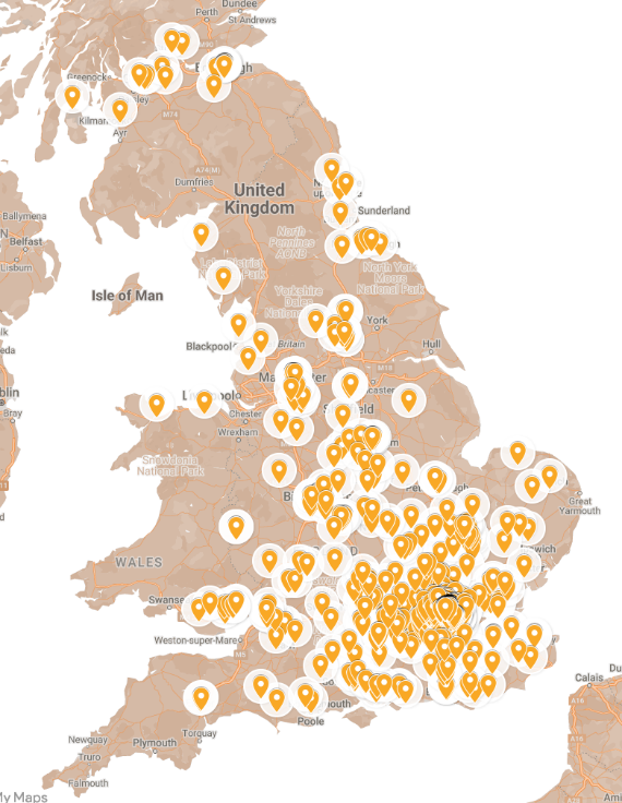 Map showing the locations of businesses in the UK that Goldsmiths works with.