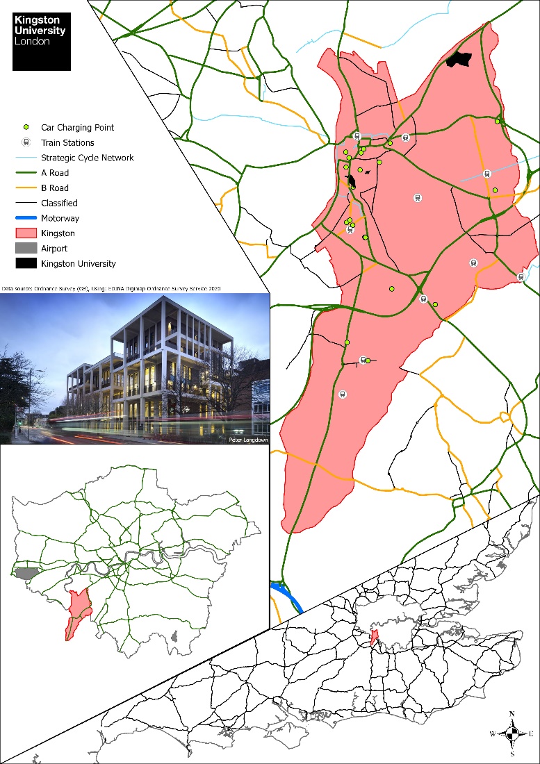 Map showing location of Kingston University in England, Greater London and the local area. An image of Town House is inset.