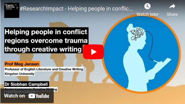 Link to video on YouTube 'Helping people in conflict regions overcome trauma through creative writing'. Screenshot shows a graphic image of a female with a wire connecting her brain to a piece of paper she is holding.