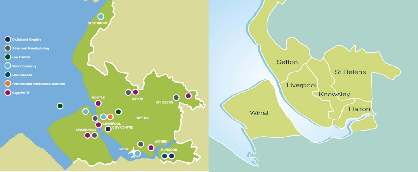 Map of Liverpool City Region comprising of 6 local authorities, and the 7 key growth sectors
