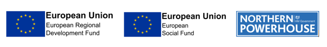 A picture of three logos showing the sources of funding for the projects mentioned below. The logos are of the European Union's "European Regional Development Fund" and "European Social Fund" alongside that of HM Government's "Northern Powerhouse" intiative.