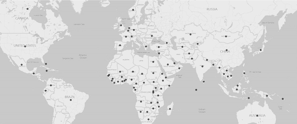 Diagram showing locations of all active LSTM research collaborations