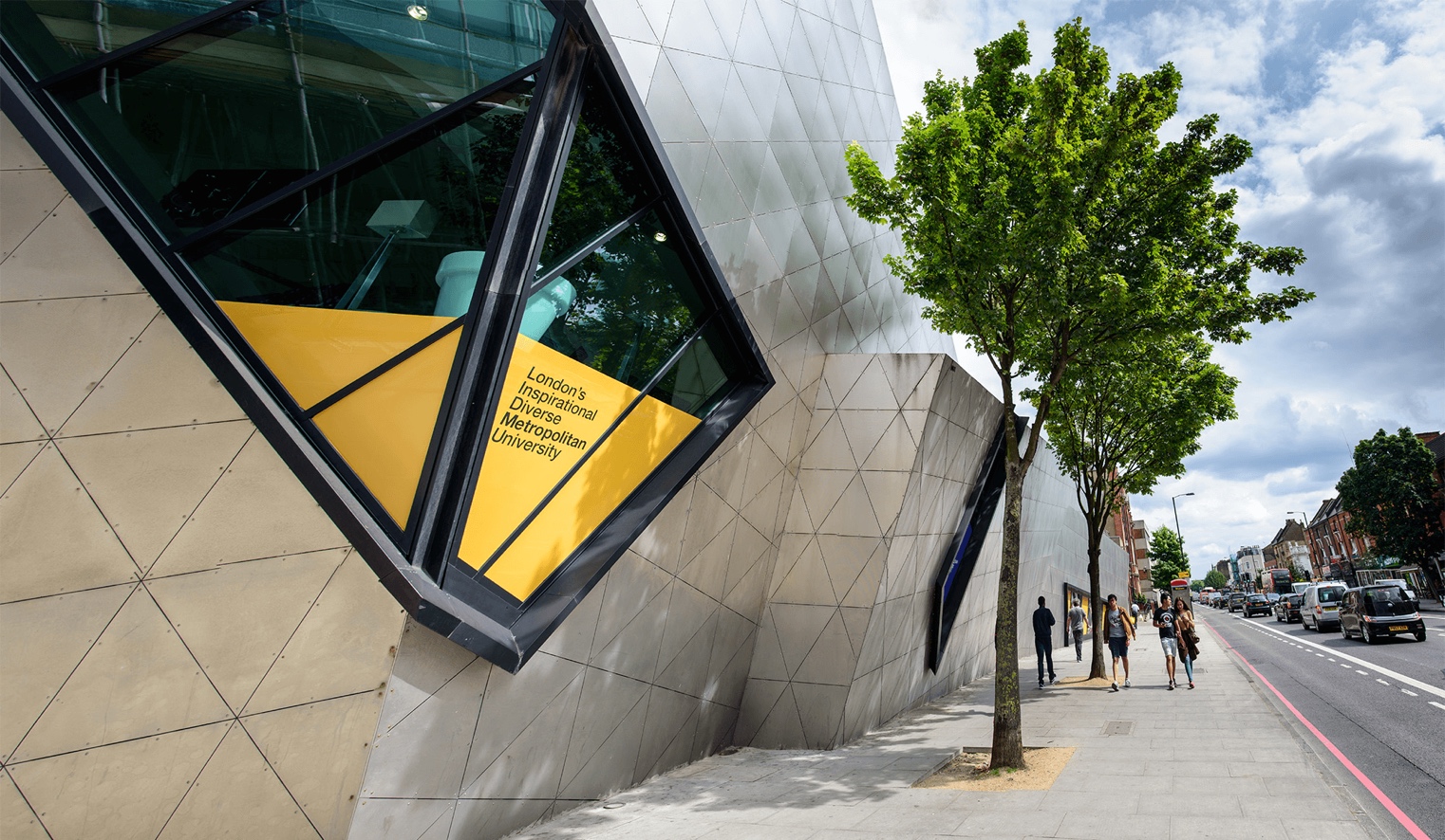 A view of one of London Metropolitan University's Islington campus buildings. It is the Graduate Centre, designed by noted architect, Daniel Liebeskind.