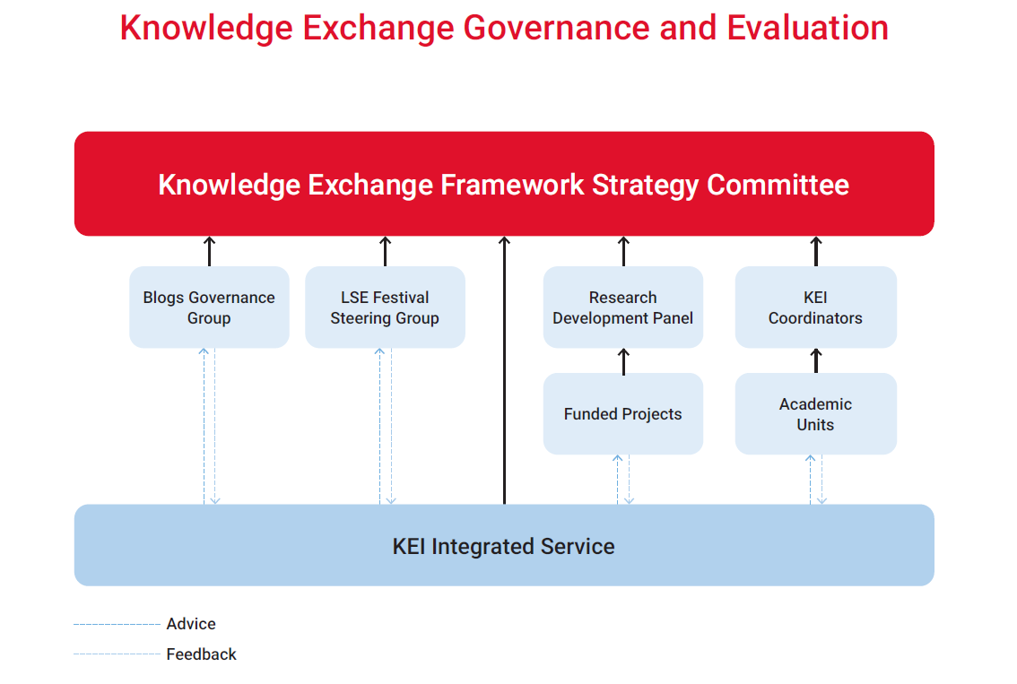 Infographic showing the governance and accountability mechanisms in place to monitor strategic goals and how evaluations provide evidence in support of LSE's approach.