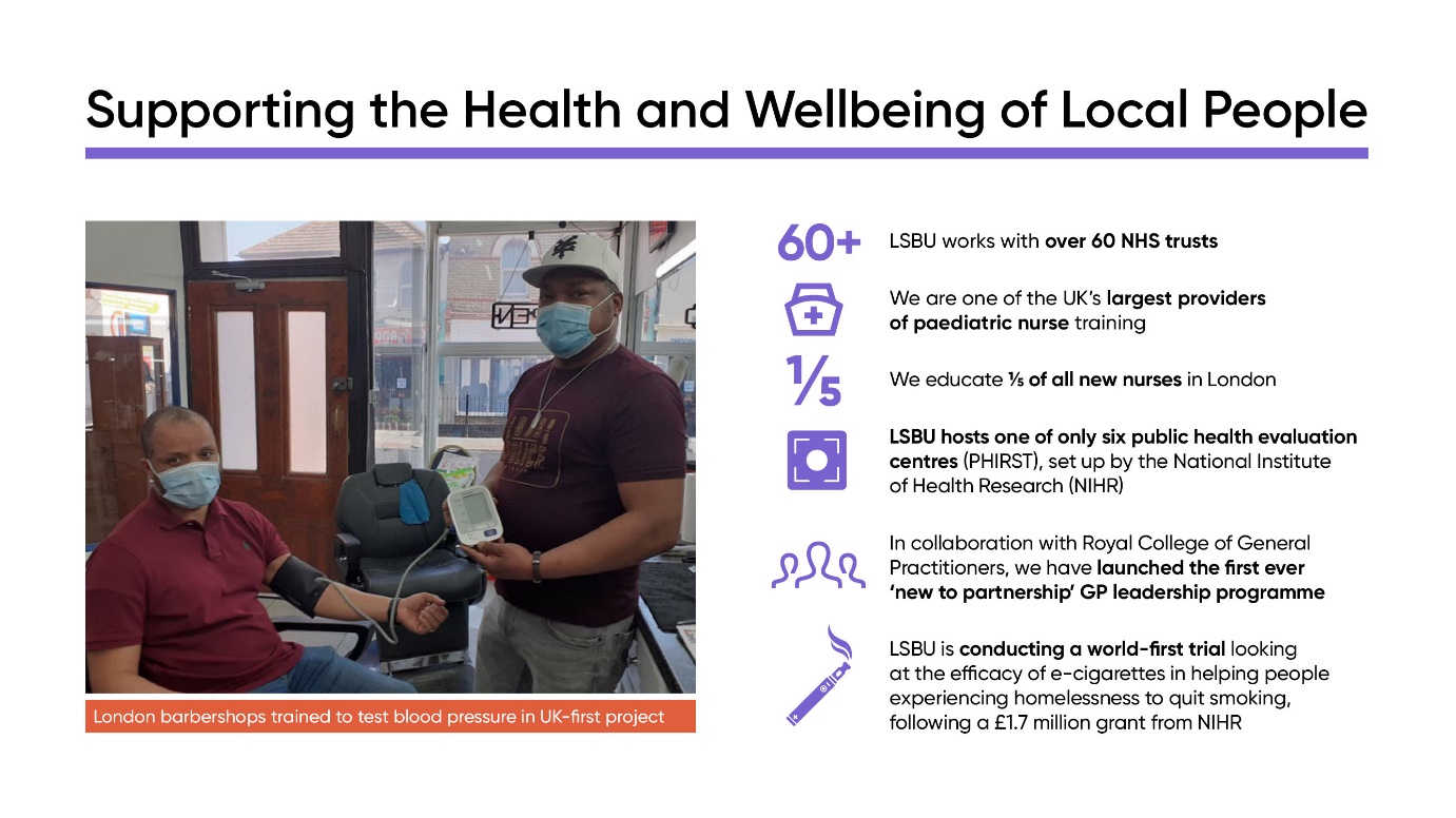 LSBU support of local people’s health and wellbeing. The key image shows the Croydon barbershop project.