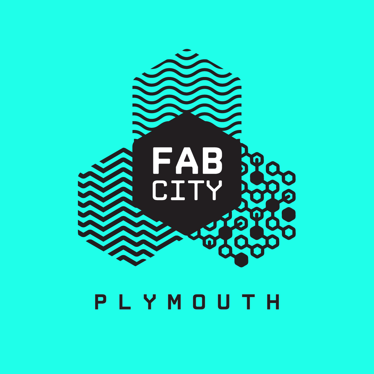 An image of a logo that represents Fab City Plymouth. The logo consists of four overlapping monochrome hexagons, with the words Fab City at the centre against a teal back ground.