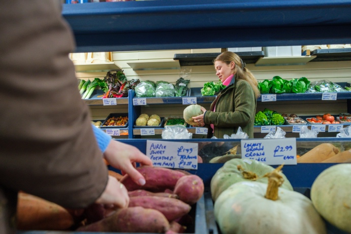 A student holding a pumpkin in a greengrocers