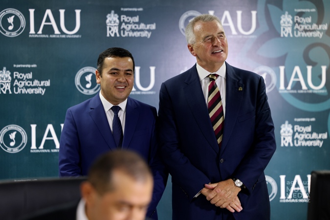 Vice-Chancellor Peter McCaffery stood with Dr Munira Aminova, Acting Rector of IAU at the opening of IAU in Uzbekistan