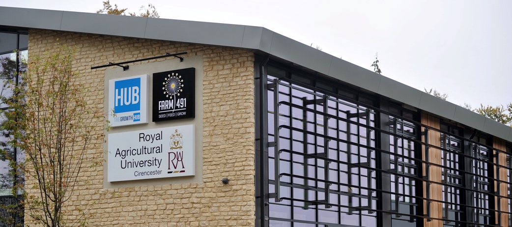 An exterior image of the Alliston Centre showing logos of the RAU, Farm491 and The Growth Hub