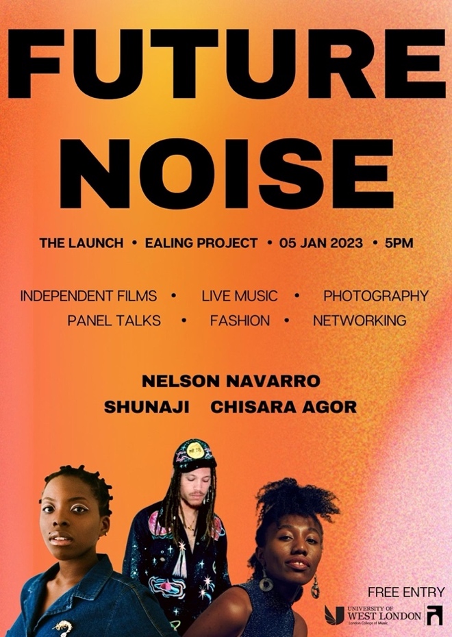 A poster for Future Noise – A University School Knowledge Exchange Artist Development Initiative. The poster contains black text on an orange background and a group of people.