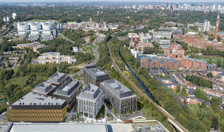 The image provides a high-point view, looking north, with a generated image of the new Birmingham Health Innovation Campus at the bottom of the photo. To the top-left is the Queen Elizabeth II Hospital, with the University Medical School next to it,, and other buildings part of the University Hospitals Birmingham trust, and the University of Birmingham is to the right of the image. The image demonstrates the close proximity of the new Birmingham Health Innovation Campus to the University campus.