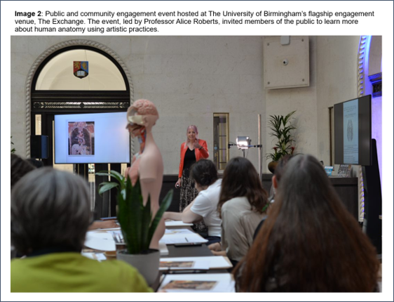 Image 2: A public and community engagement event is attended by several people at the University of Birmingham's flagship engagement venue, The Exchange. The session is being led by Professor Alice Roberts.