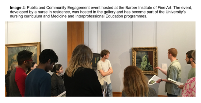 Image 4 shows 11 visible people stood in an art gallery, focussed on a particular piece of art. One person is gesticulating at it, leading a discussion, whilst people refer to booklets they are holding with notes on the particular piece of art.