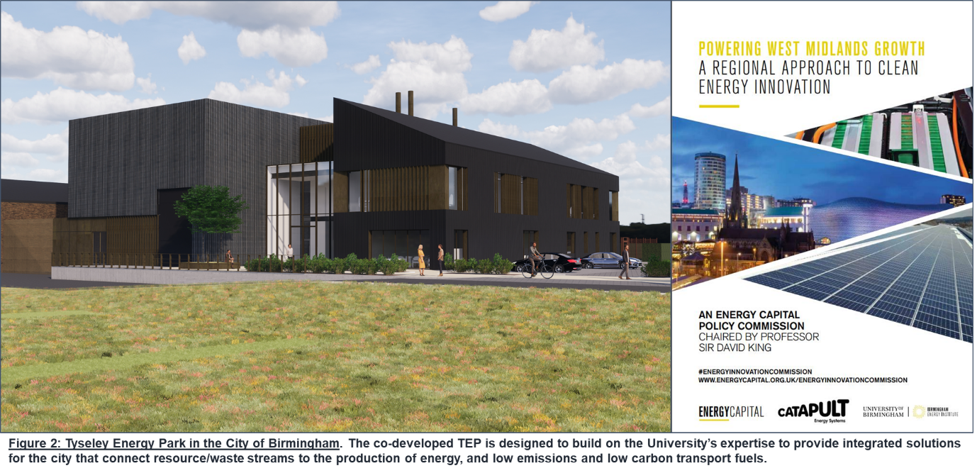 The image is titled Figure 2: Tyseley Energy Park in the City of Birmingham. The co-developed Tyseley Energy Park is designed to build on the University's expertise to provide integrated solutions for the city that connect resource/waste streams to the production of energy, and low emissions and low carbon transport fuels. The image shows a computer-generated image of the Birmingham Energy Innovation Centre as part of the Tyseley Energy Park. There is also the front cover of a brochure titled: "Powering West Midlands Growth: A regional approach to clean energy innovation". The brochure was part of an energy capital policy commission, chaired by Professor Sir David King, and supported by the University of Birmingham. More information can be found at: https://research.birmingham.ac.uk/en/publications/powering-west-midlands-growth-a-regional-approach-to-clean-energy