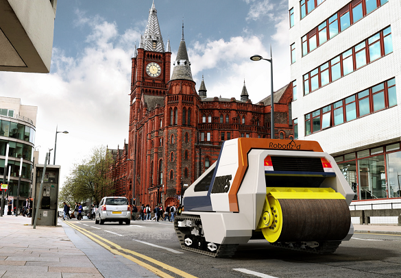 Figure 6 shows an artist's impression of Robotiz3d's Autonomous Road Repair System [ARRES] driving along a main road on the University's campus.