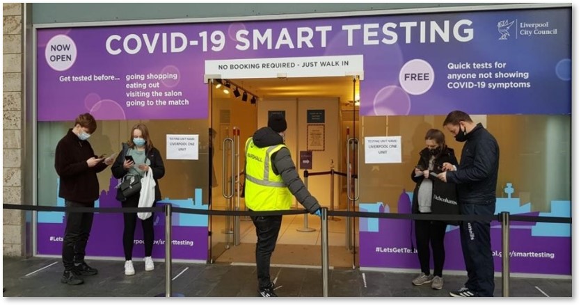 Figure 3 shows people queueing to go into a COVID-19 SMART testing site in Liverpool.