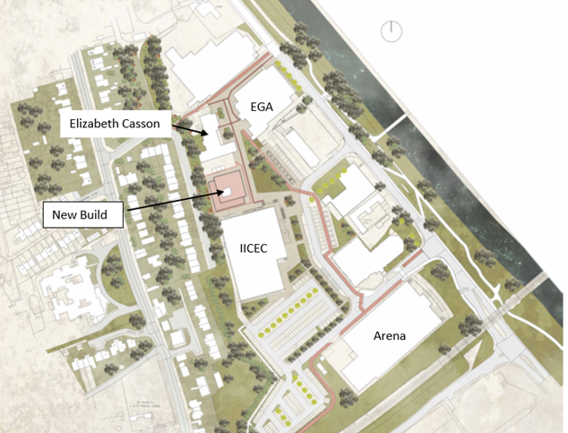 A plan of the new Health and Wellbeing Campus showing the location of the proposed new buildings and of the cycleway and walking routes.