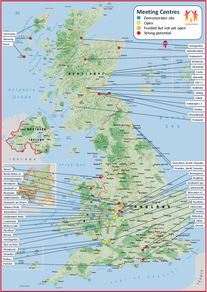 A map of the UK showing the location of current Dementia Meeting Centres, of those with funding in place and of putative Meeting Centres without funding secured.
