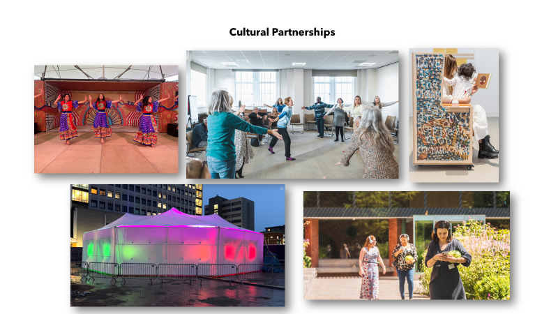 The figure shows a photo montage of a range of cultural partnership activities, including the Mobile Events Tent, a Parkinson's dance session, and images from the Feed project.