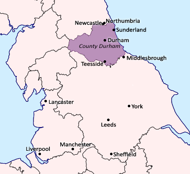 A map showing the north east of England, locating Durham University in County Durham