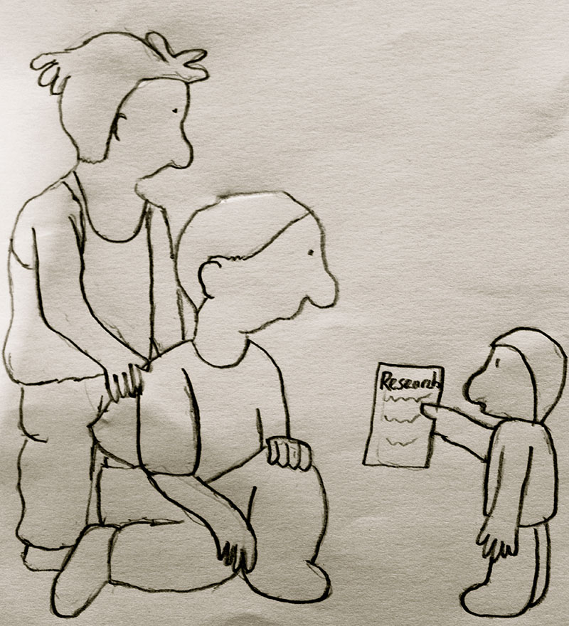 Line drawing of a child presenting a piece of paper that says "research" to two adults