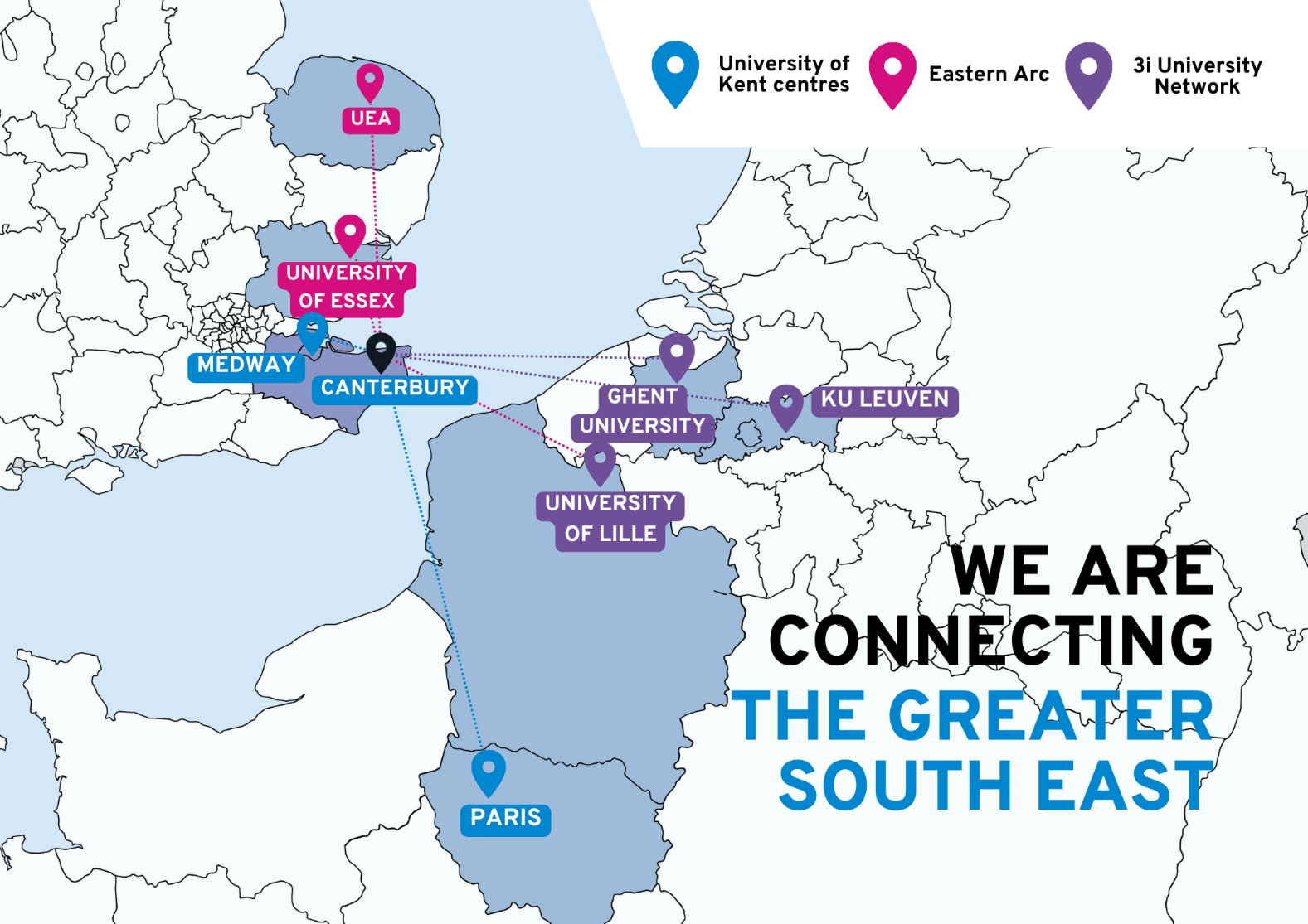 A map detailing the localities that the University of Kent operates in, through dedicated centres and campuses, and partnerships through Eastern Arc and the 3i Network
