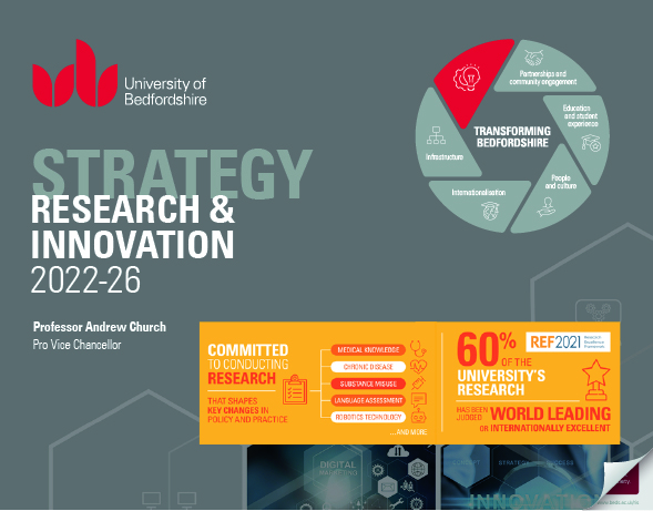 Front cover visual of the University of Bedfordshire's Research & Innovation Strategy 2022-26. Image consists of document title and two infographics - Transforming Bedfordshire graphic and the university's research representation.