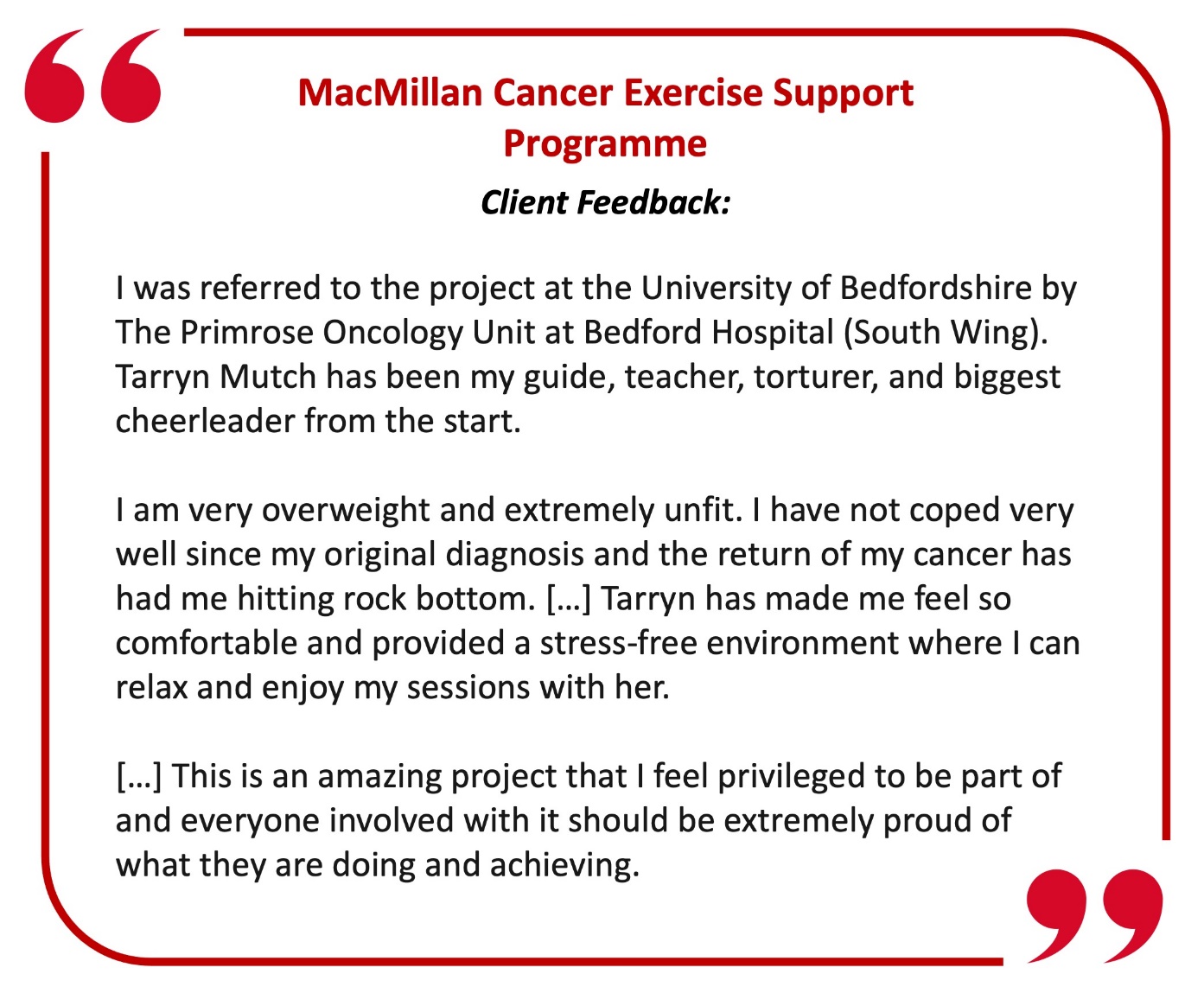 A letter of thanks from a rehabilitation patient, attending the university's MacMillan Cancer Exercise Support Programme.