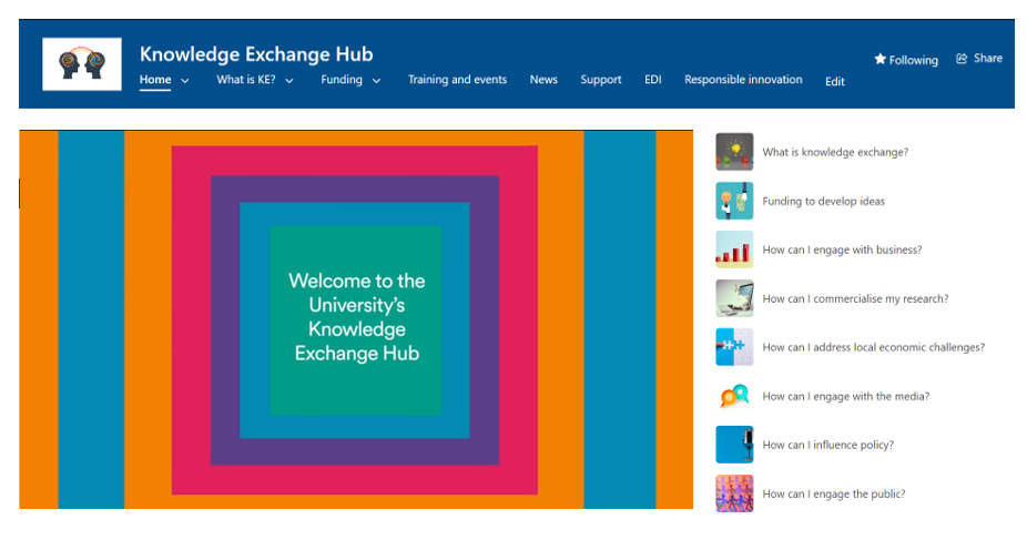 This is an image of University of Nottingham Knowledge Exchange (KE) Hub which enables researchers, academics and professional services staff to access support and guidance to deliver KE. The hub sections are What is KE, Funding, Training and events, News, Support, EDI, Responsible Innovation.