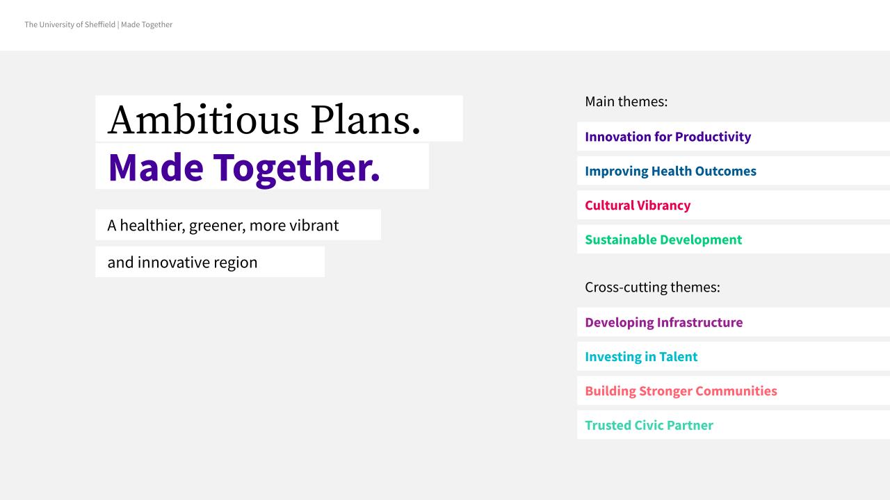 The Made Together programme has four main themes: innovation for productivity, improving health outcomes, cultural vibrancy and sustainable development and four cross-cutting themes: developing infrastructure, investing in talent, building stronger communities and trusted civic partner.