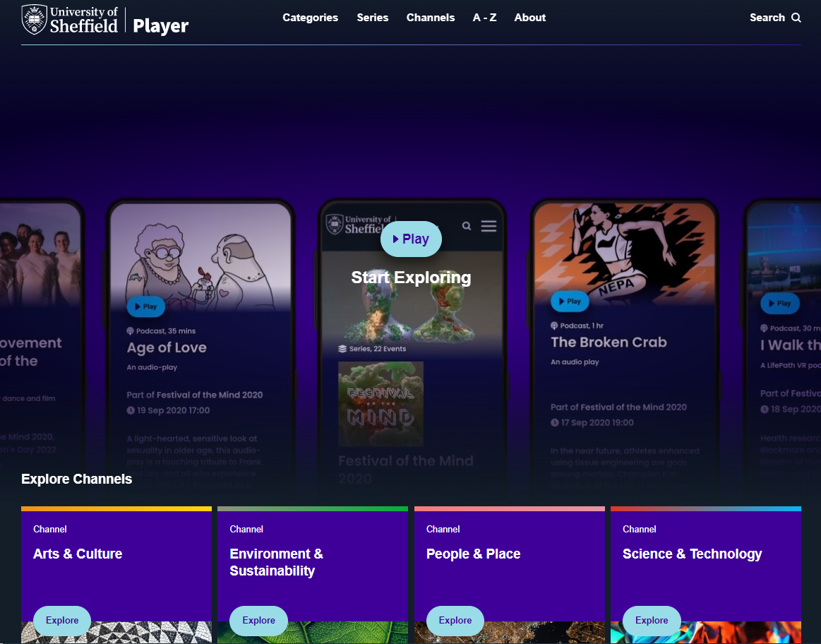 A screen capture of the University of Sheffield Player homepage which is our digital streaming platform for hosting online content for a public audience.