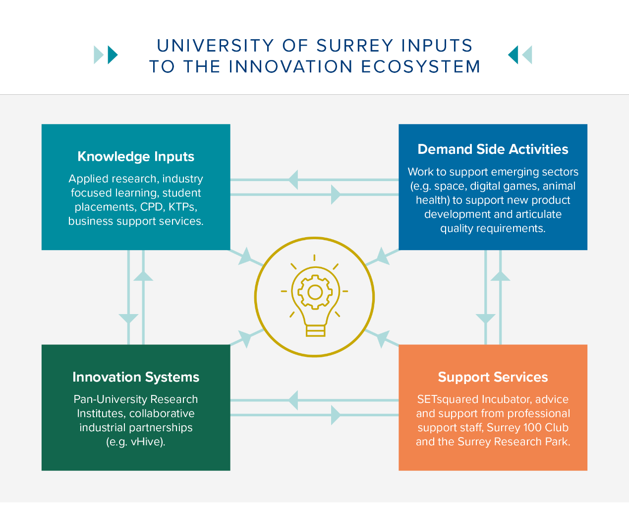 Surrey’s Innovation Ecosystem broken down into knowledge inputs, demand side activities, Innovation systems and support services.