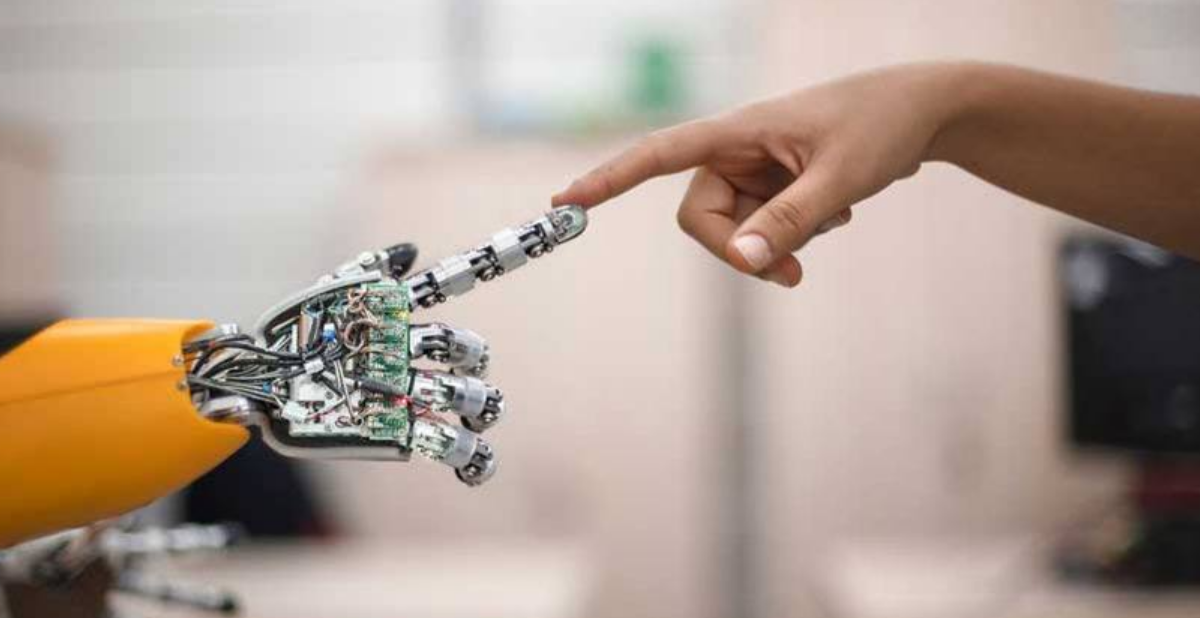 A person touching a robot hand