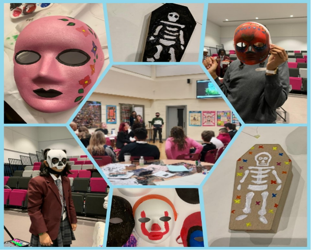 The photograph shows 7 images of work created by the young people in the Dying 2 Talk project, including masks and coffins.