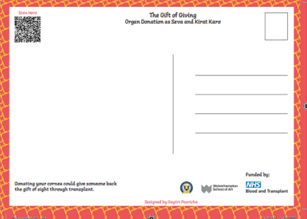 The image shows the back of the postcard design for the Cornea Gift of Giving project. It has a QR code to scan to find out more information, project logos and text regarding donation