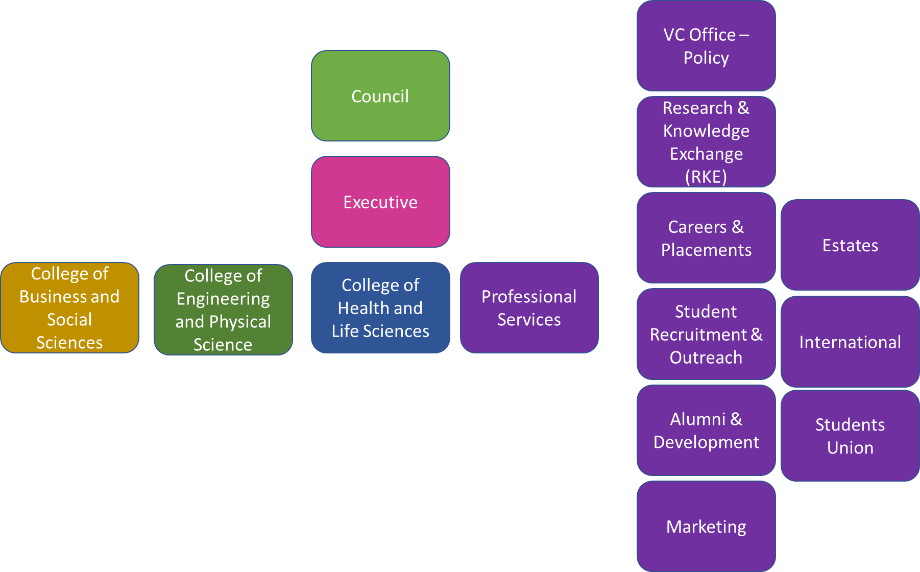 Figure 5: Teams supporting public and community engagement, from council and executive, to students’ union and estates.