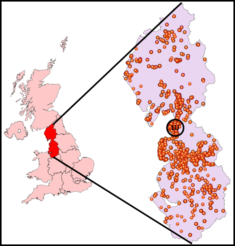Locations of Small and Medium Sized Enterprises supported through Lancaster University’s regional business innovation collaboration programmes 2016-2022 across the North West A map of the North West that shows the lcoations of small and medium sized enterprises Lancaster University has collaborated with during the delivery of innovation programmes 2016 to 2022