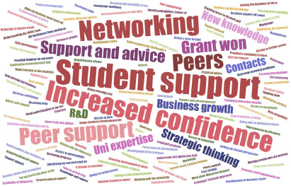 Impacts Reported by Regional SMEs participating in Lancaster Business Innovation Collaboration Programmes A word cloud showing different impacts for benficiaries that engaged with Lancaster's regional innovation collaboration programmes - larger word associations include networking, peer support, student support, increased confidence, support and advice.