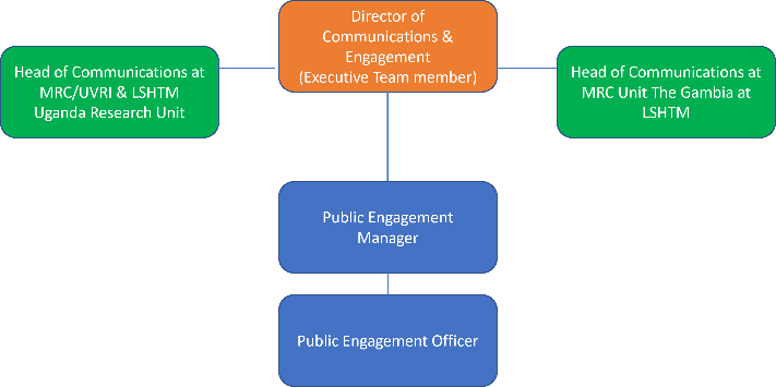 The organogram of PE Staff at LSHTM shows the PE officer and manager reporting to the Director of Communications and engagement. The Heads of Communications at the MRC Units also link to the Director.