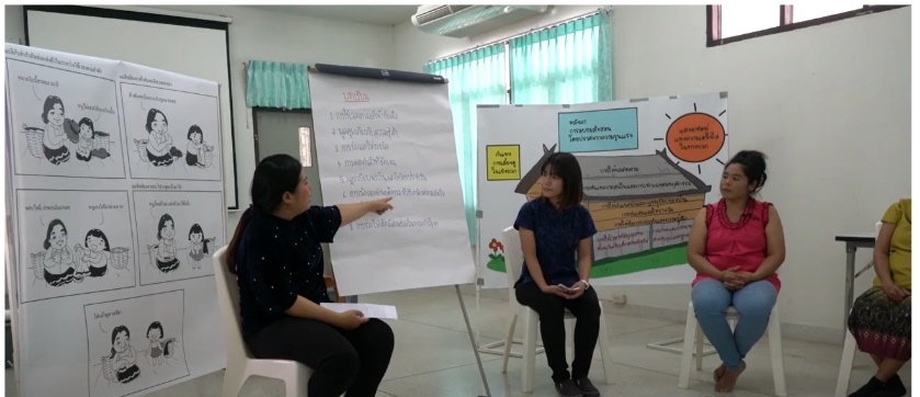 Screenshot of Youtube video featuring Parenting for Lifelong Health, with an image still of three people sat in a workshop in front of posters.